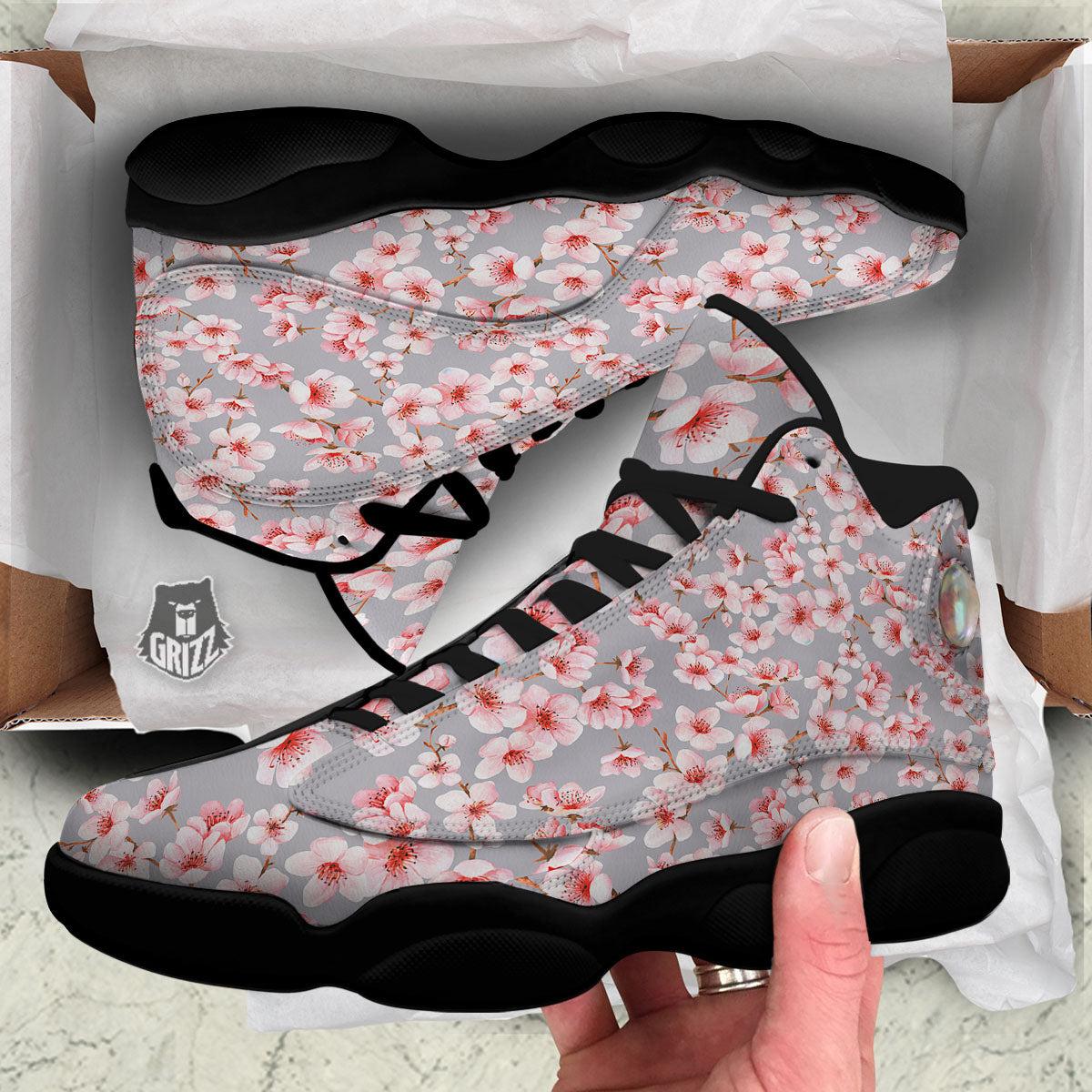 Cherry Blossom Pink Sakura Print Pattern Black Basketball Shoes-grizzshop