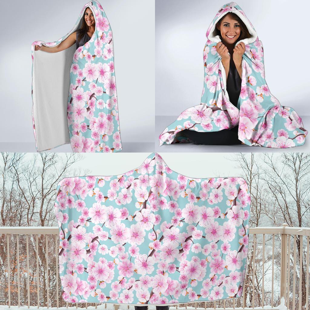 Cherry Blossom Sakura Blue Hooded Blanket-grizzshop