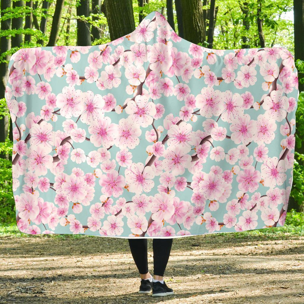 Cherry Blossom Sakura Blue Hooded Blanket-grizzshop
