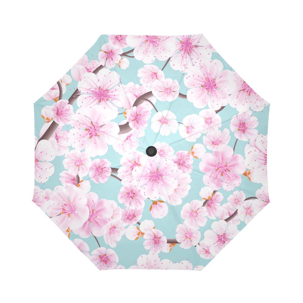 Cherry Blossom Sakura Blue Print Automatic Foldable Umbrella-grizzshop
