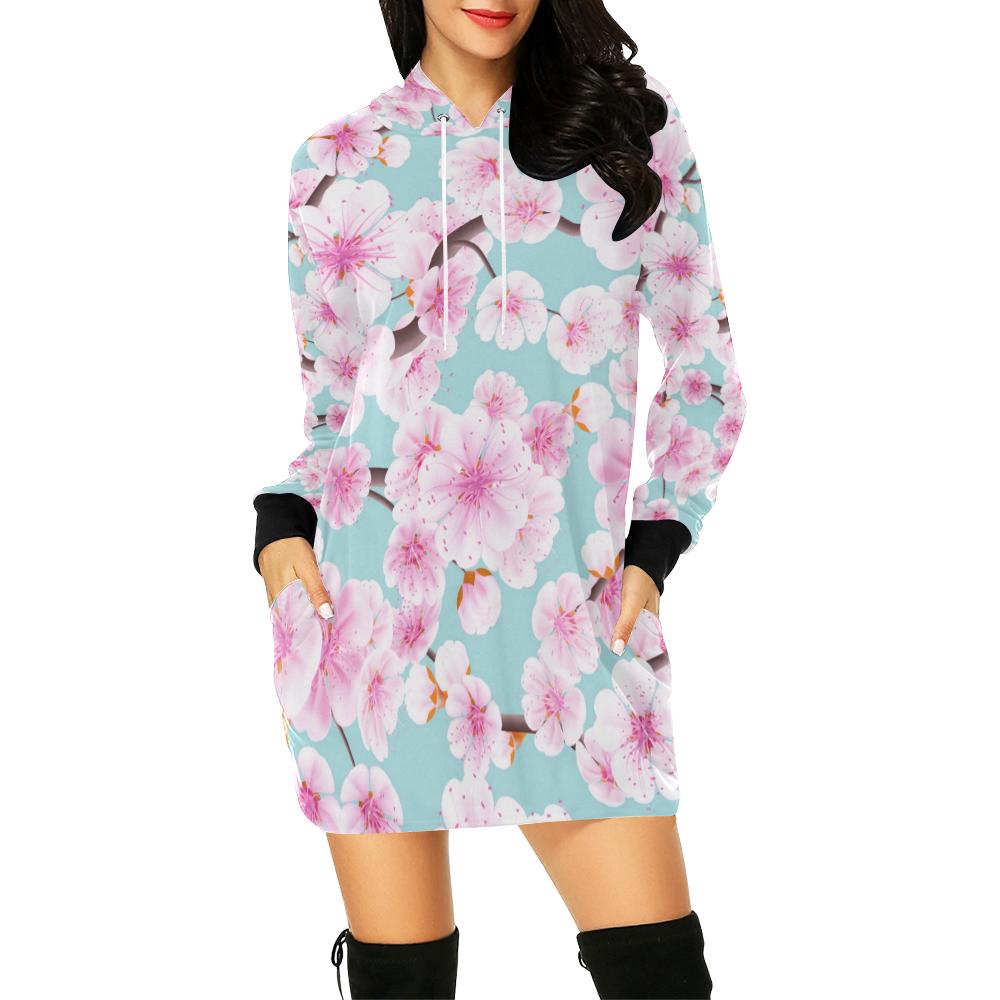 Cherry Blossom Sakura Blue Print Women Hoodie Dress-grizzshop