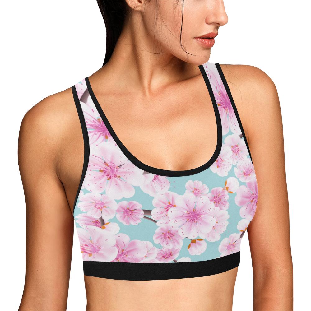 Cherry Blossom Sakura Blue Print Women Sports Bra Crop Top-grizzshop