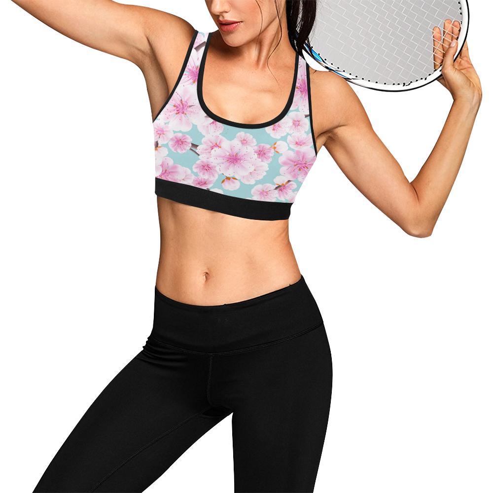 Cherry Blossom Sakura Blue Print Women Sports Bra Crop Top-grizzshop