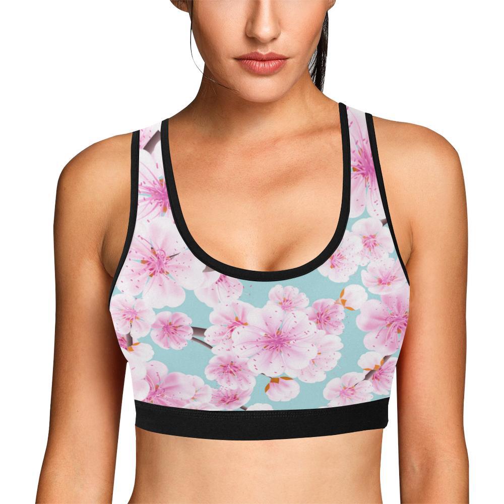 Cherry Blossom Sakura Blue Print Women Sports Bra Crop Top-grizzshop