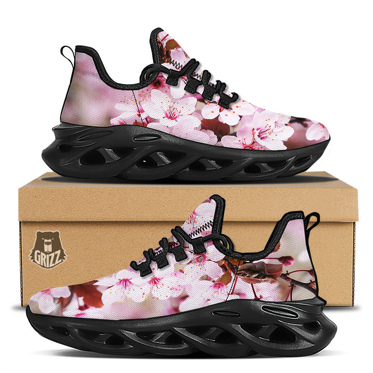 Cherry Blossom Sakura Print Black Running Shoes-grizzshop