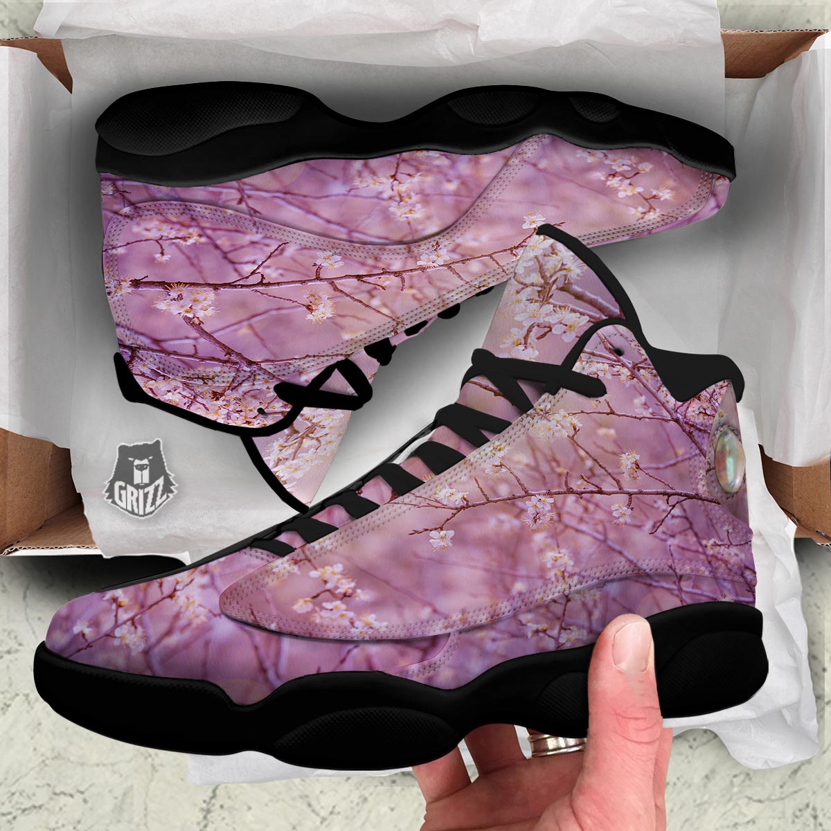 Cherry Blossom Sunrise Japanese Print Black Basketball Shoes-grizzshop