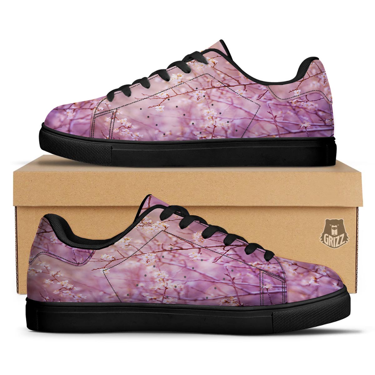 Cherry Blossom Sunrise Japanese Print Black Low Top Sneakers-grizzshop