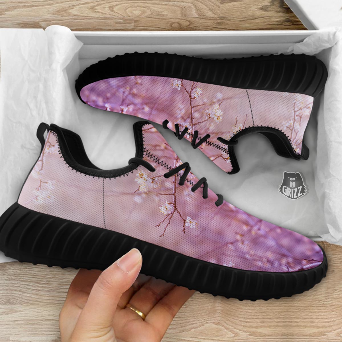 Cherry Blossom Sunrise Japanese Print Black Walking Shoes-grizzshop