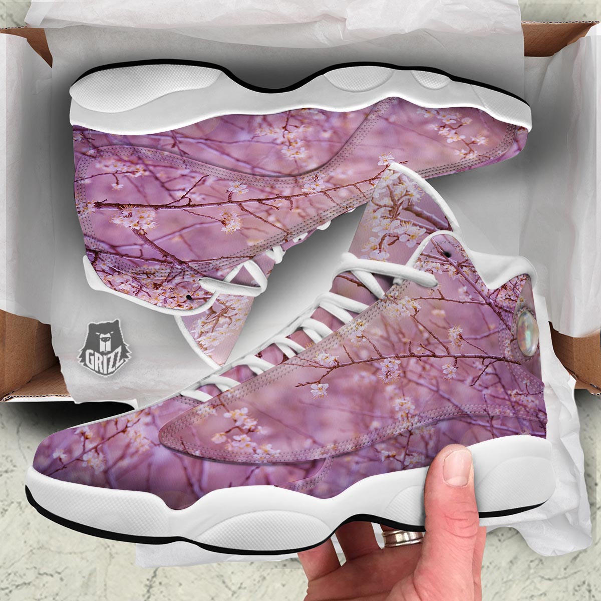 Cherry Blossom Sunrise Japanese Print White Basketball Shoes-grizzshop
