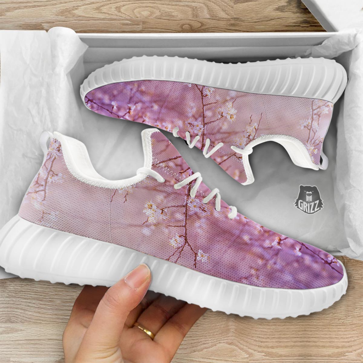Cherry Blossom Sunrise Japanese Print White Walking Shoes-grizzshop