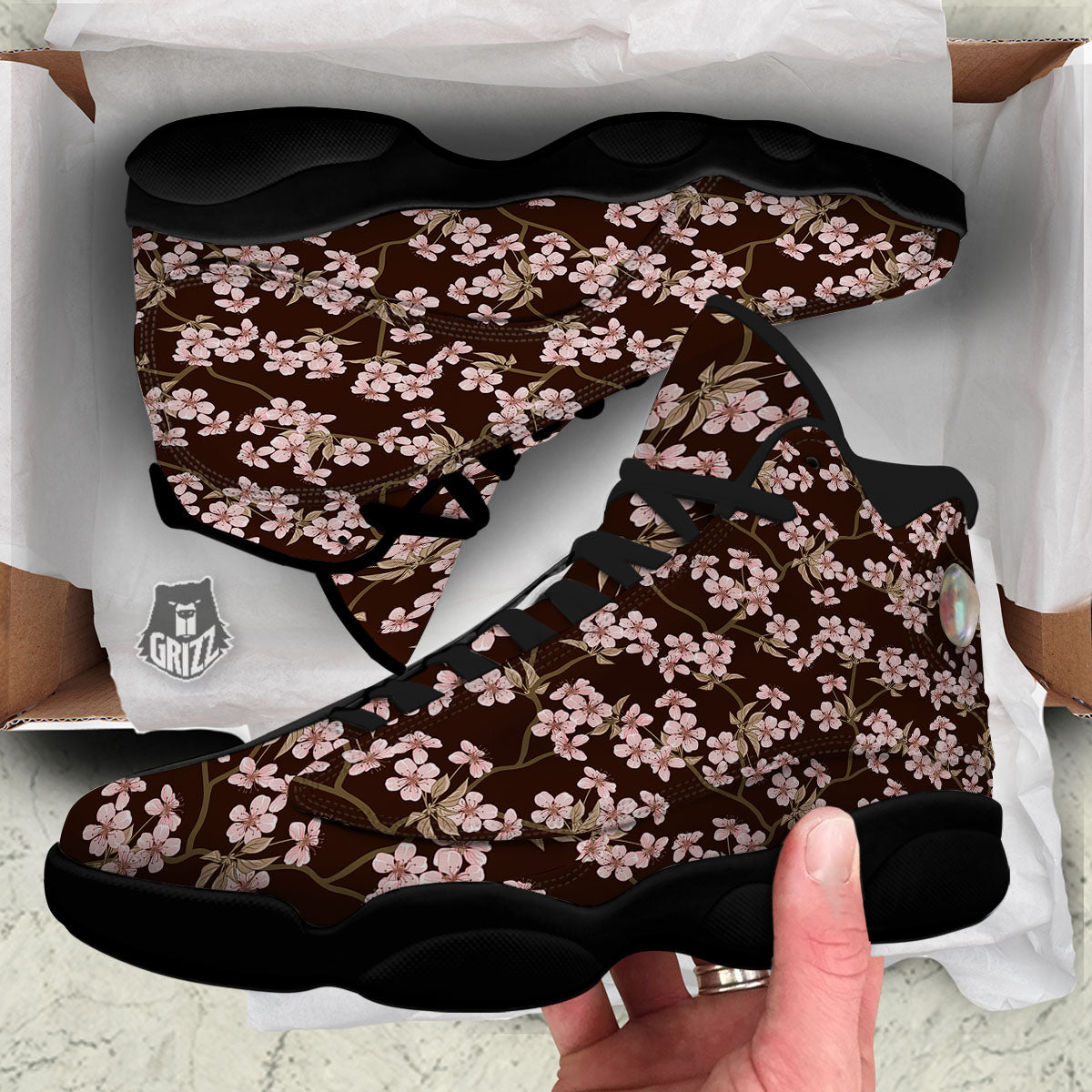 Cherry Blossom Vintage Print Pattern Black Basketball Shoes-grizzshop
