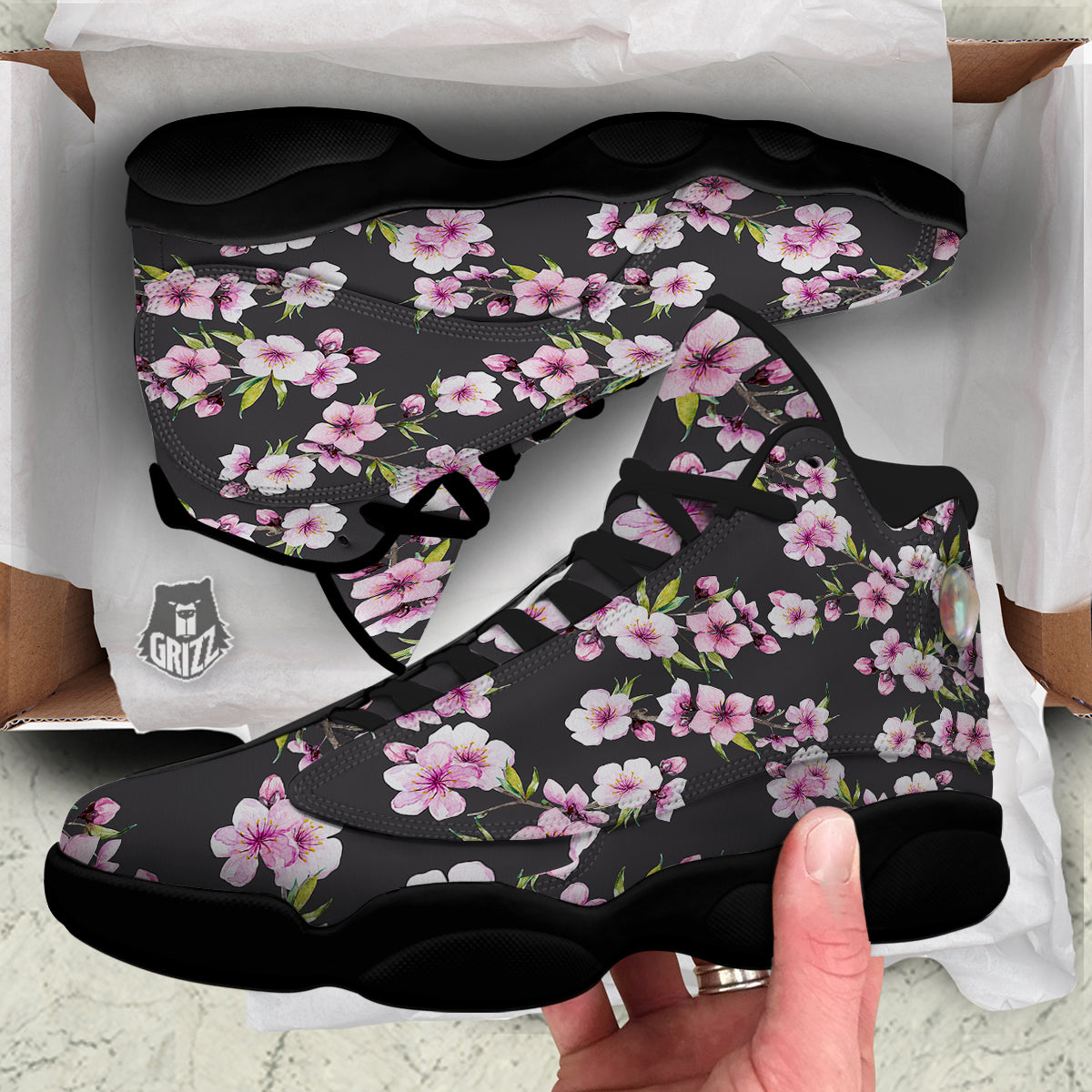 Cherry Blossom Watercolor Print Pattern Black Basketball Shoes-grizzshop