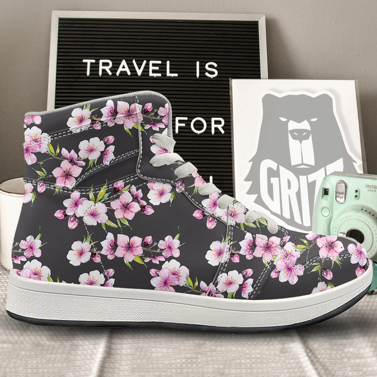 Cherry Blossom Watercolor Print Pattern High Top Sneakers-grizzshop