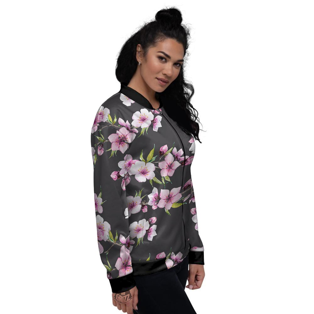 Cherry Blossom Watercolor Print Pattern Women's Bomber Jacket-grizzshop