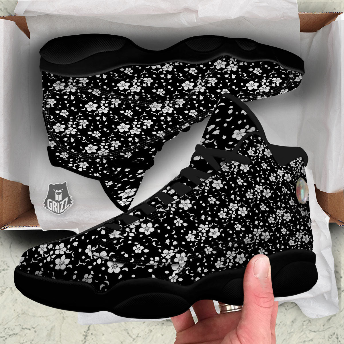 Cherry Blossom White And Black Print Black Basketball Shoes-grizzshop