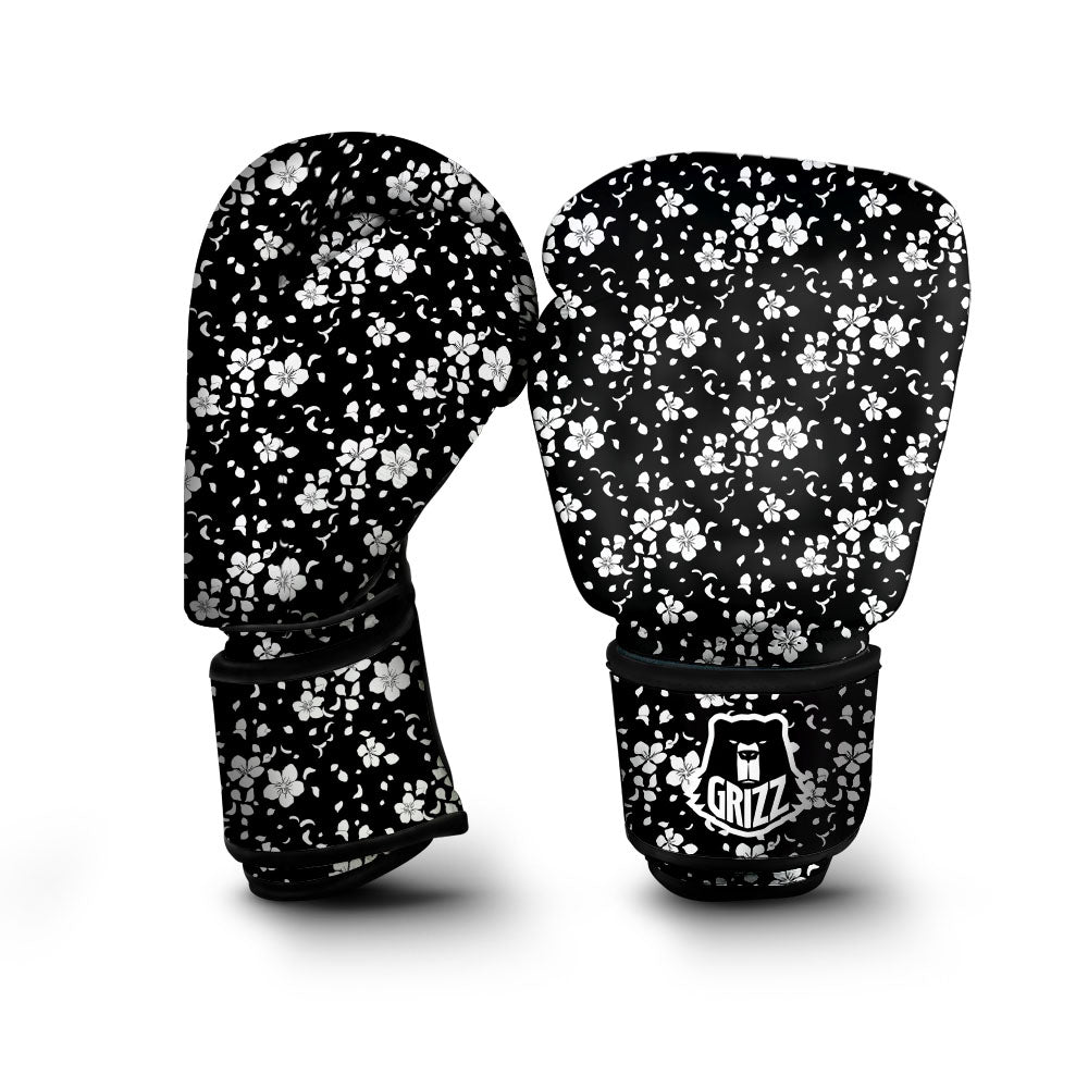 Cherry Blossom White And Black Print Boxing Gloves-grizzshop