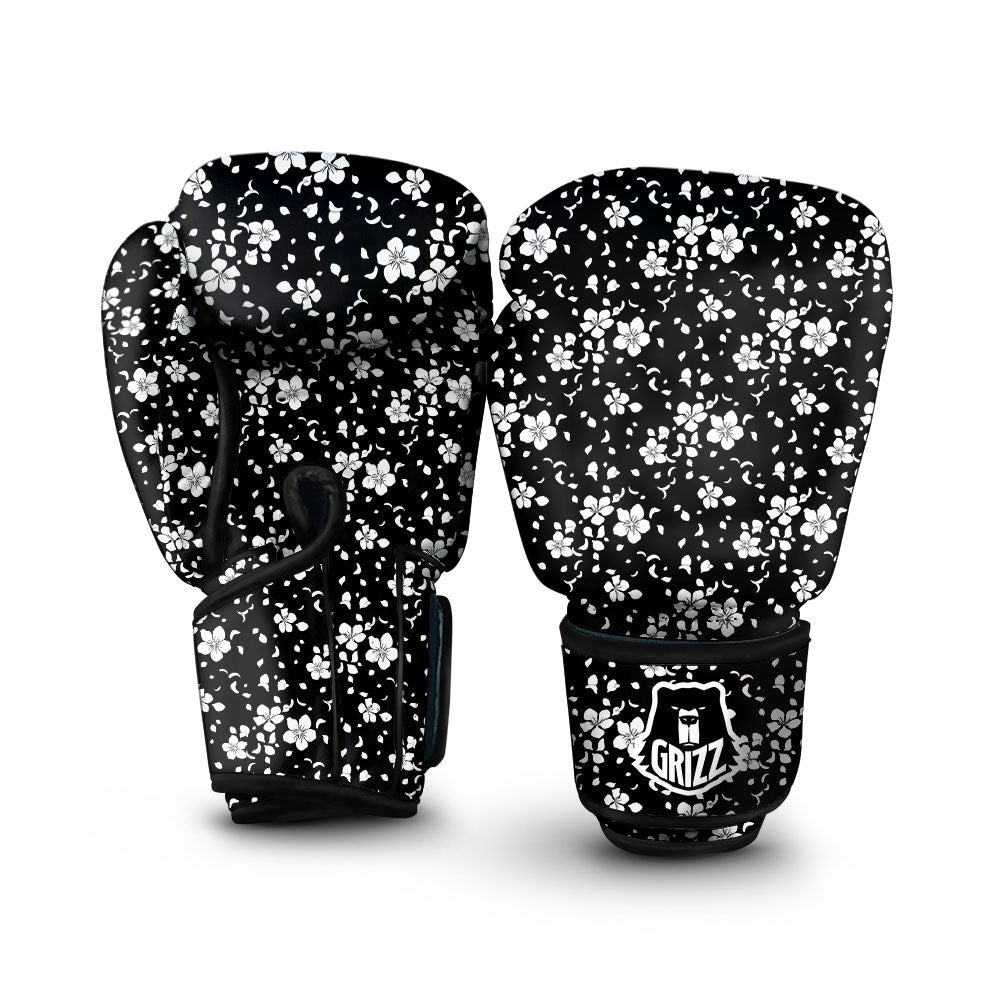 Cherry Blossom White And Black Print Boxing Gloves-grizzshop
