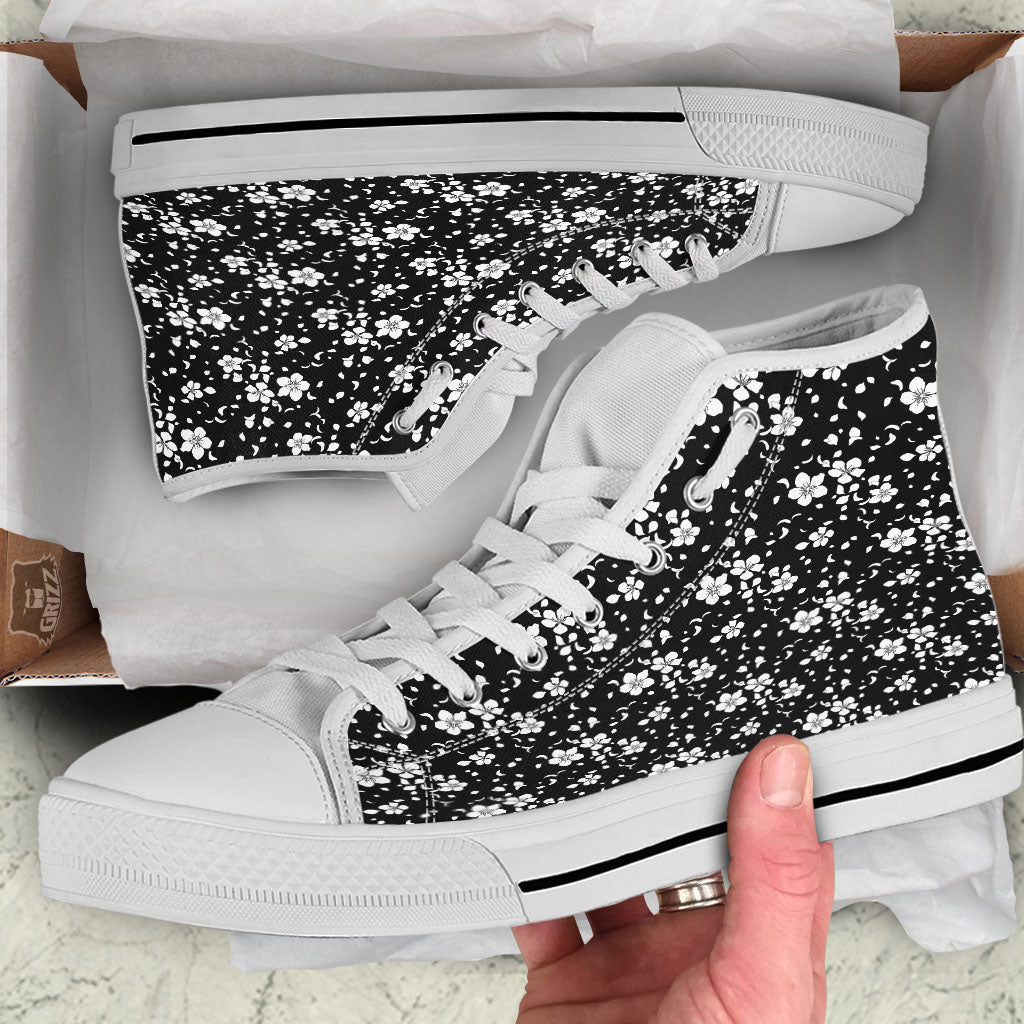 Cherry Blossom White And Black Print White High Top Shoes-grizzshop