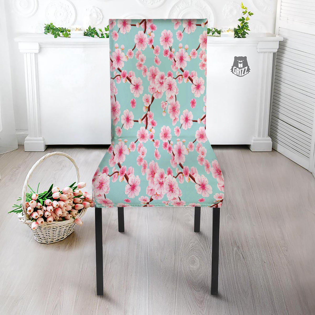 Cherry Blossom White Print Pattern Dining Chair Slipcover-grizzshop
