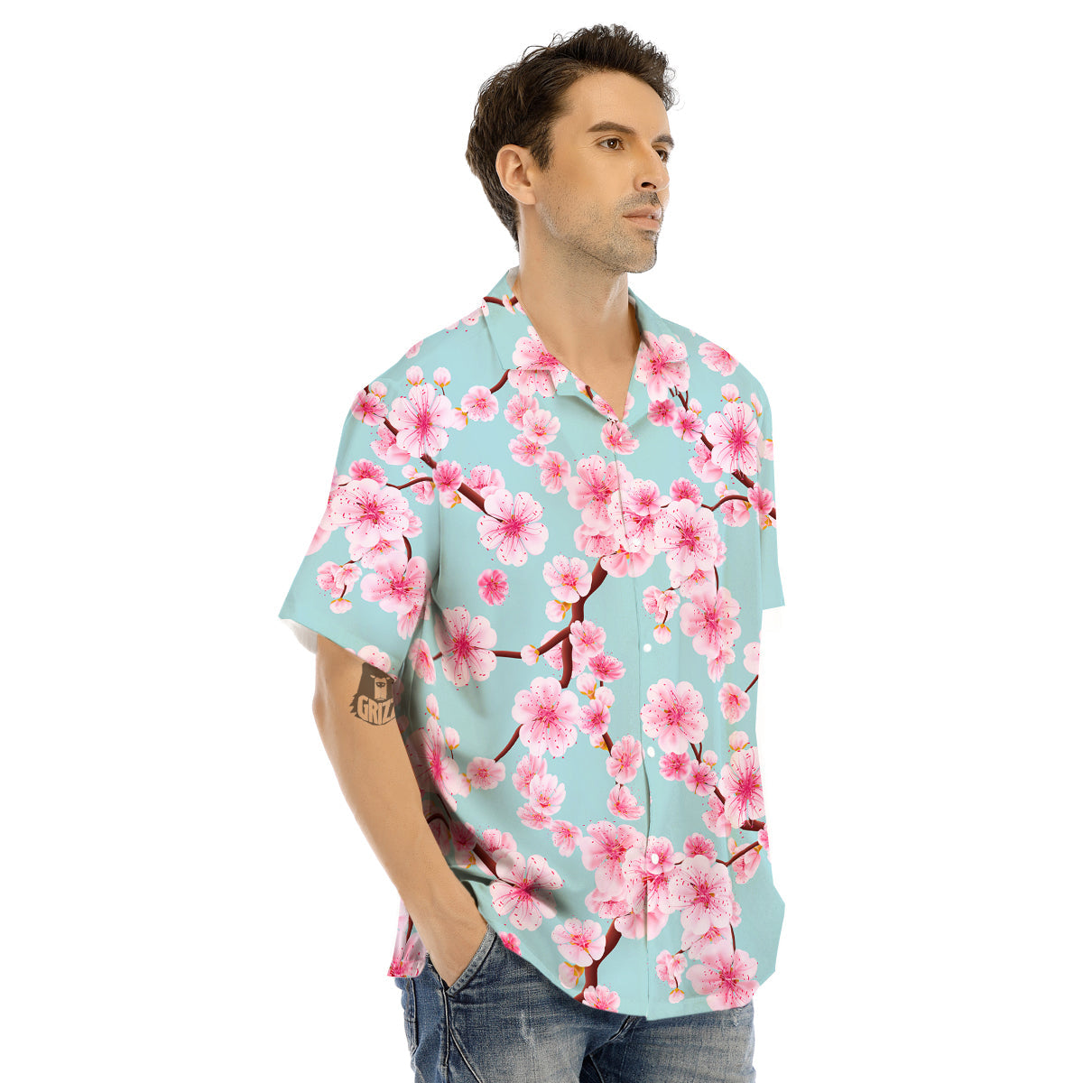 Cherry Blossom White Print Pattern Men's Hawaiian Shirt-grizzshop