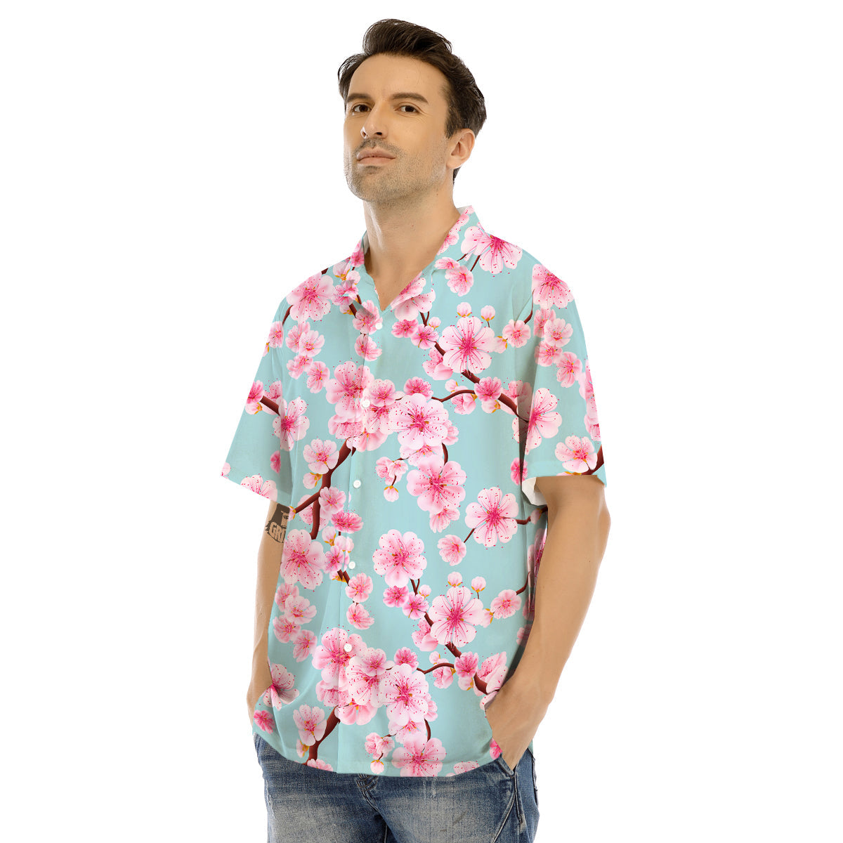 Cherry Blossom White Print Pattern Men's Hawaiian Shirt-grizzshop