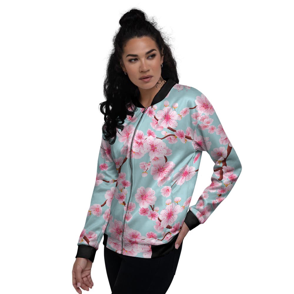 Cherry Blossom White Print Pattern Women's Bomber Jacket-grizzshop