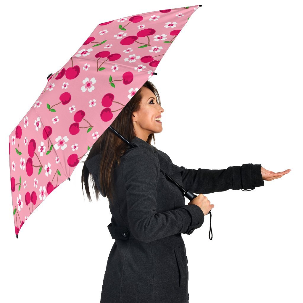 Cherry Floral Pattern Print Automatic Foldable Umbrella-grizzshop