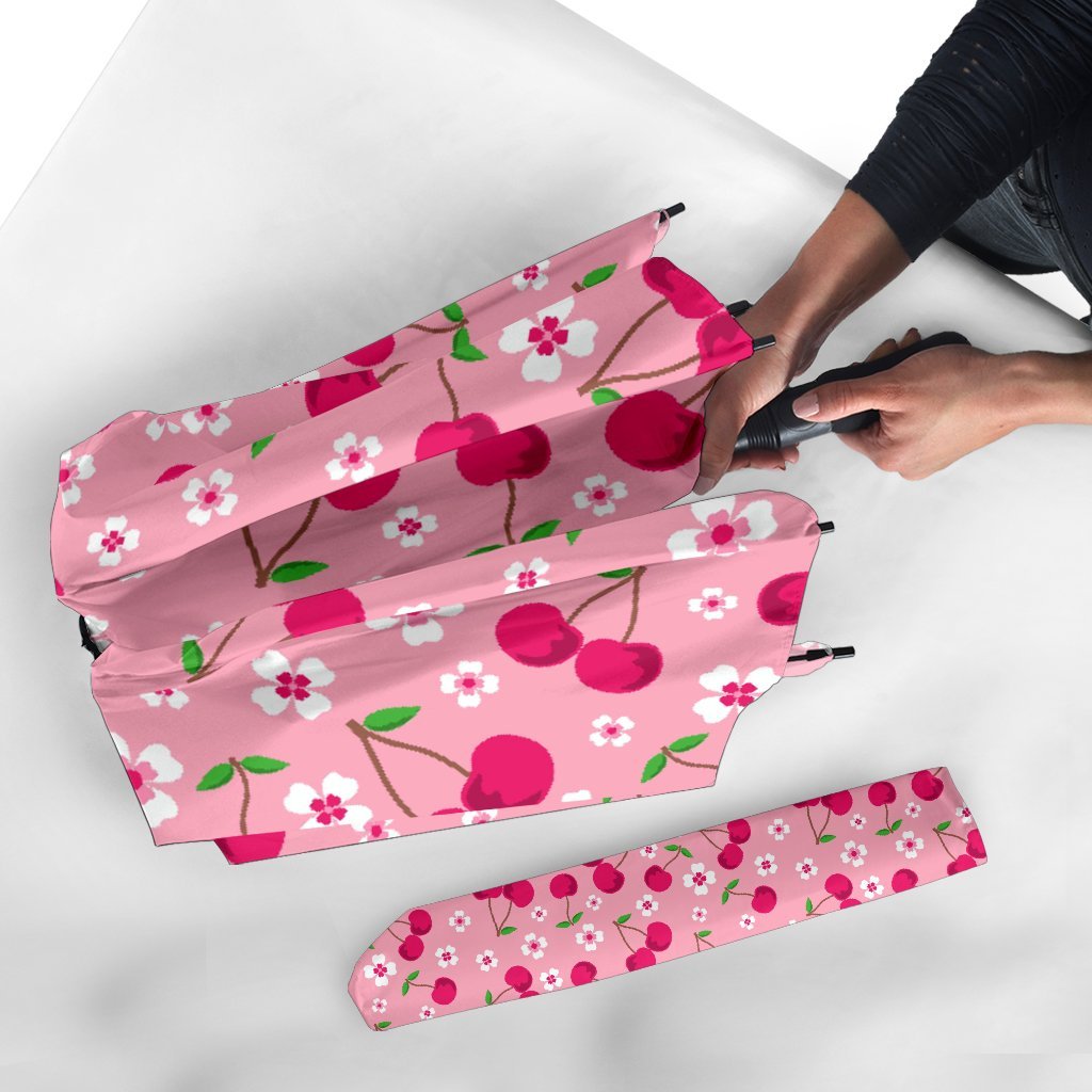 Cherry Floral Pattern Print Automatic Foldable Umbrella-grizzshop