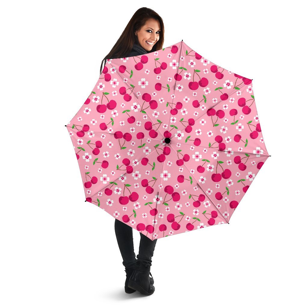 Cherry Floral Pattern Print Automatic Foldable Umbrella-grizzshop