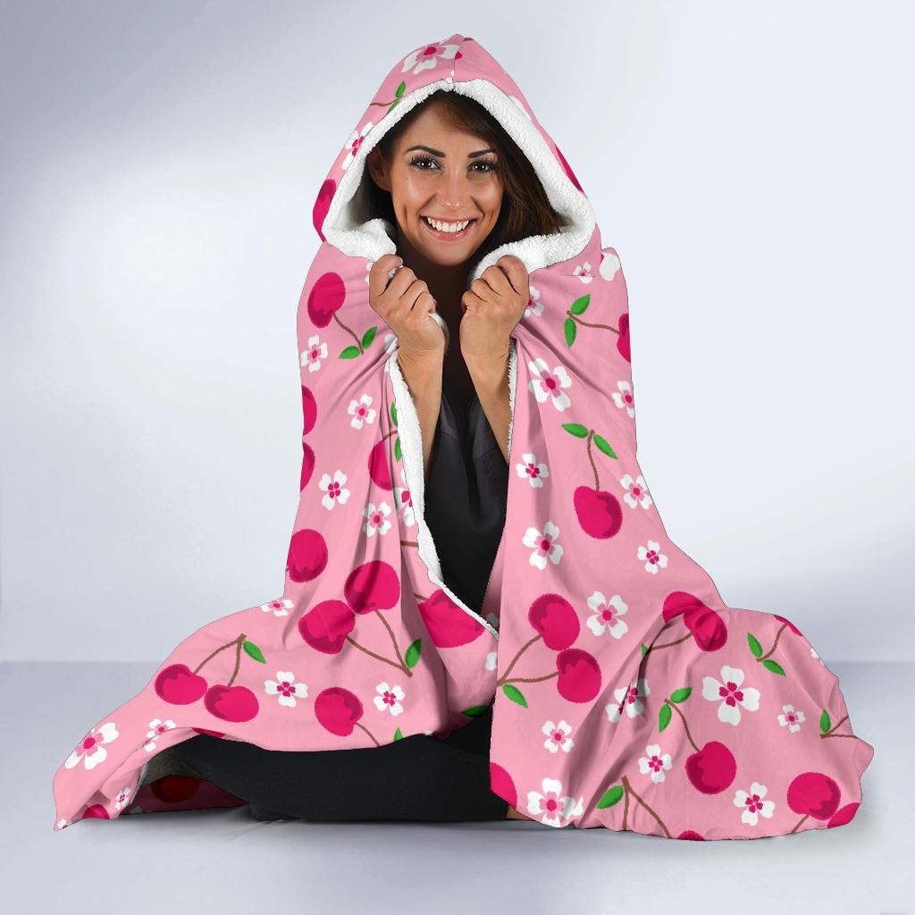 Cherry Floral Pattern Print Hooded Blanket-grizzshop
