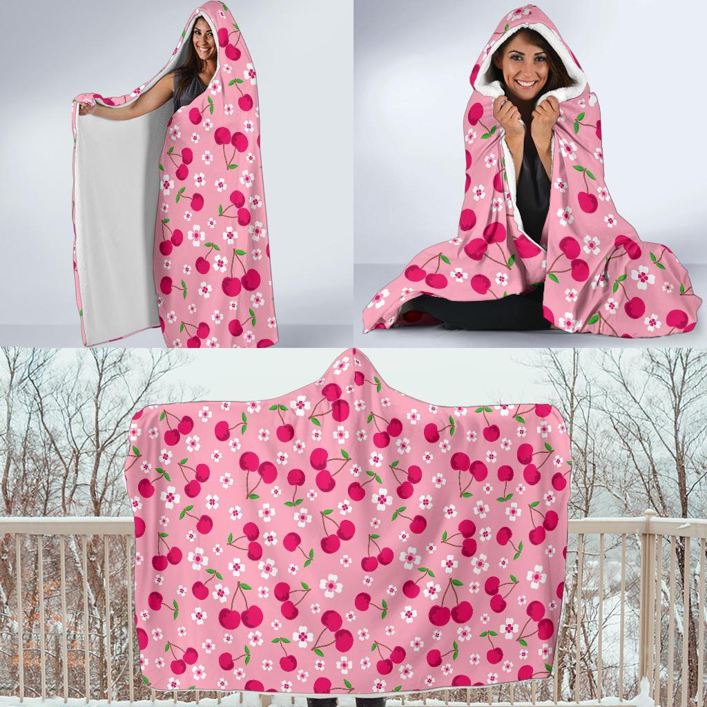 Cherry Floral Pattern Print Hooded Blanket-grizzshop