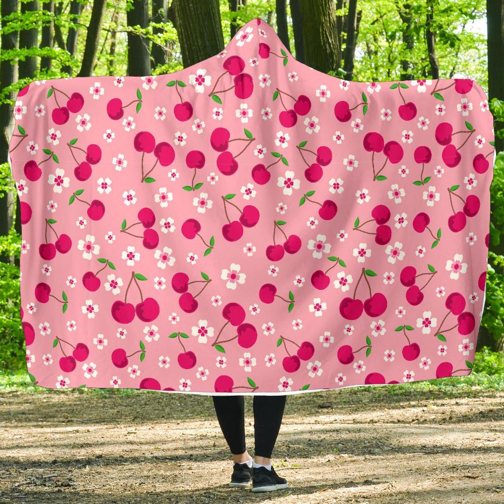 Cherry Floral Pattern Print Hooded Blanket-grizzshop
