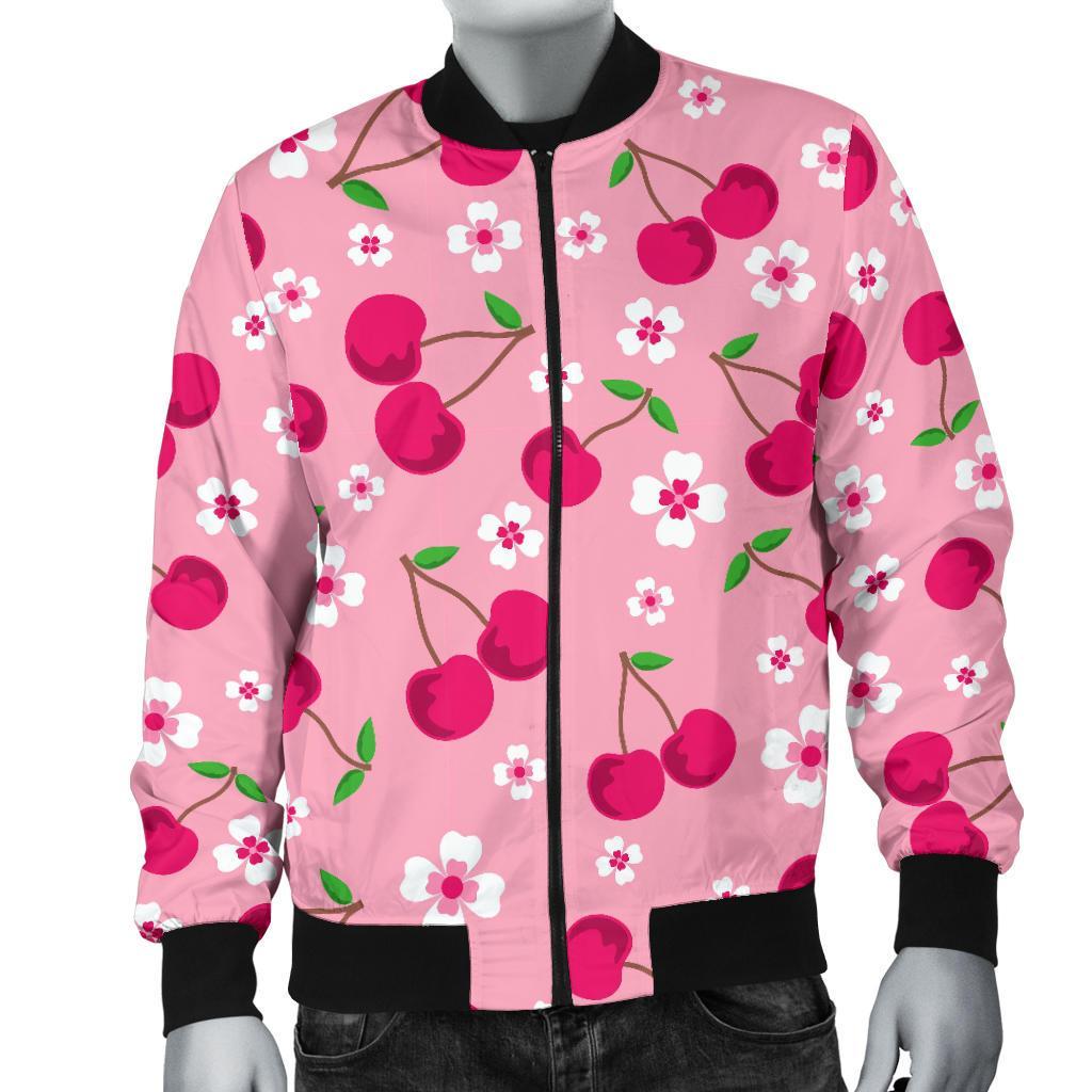 Cherry Floral Pattern Print Men's Bomber Jacket-grizzshop
