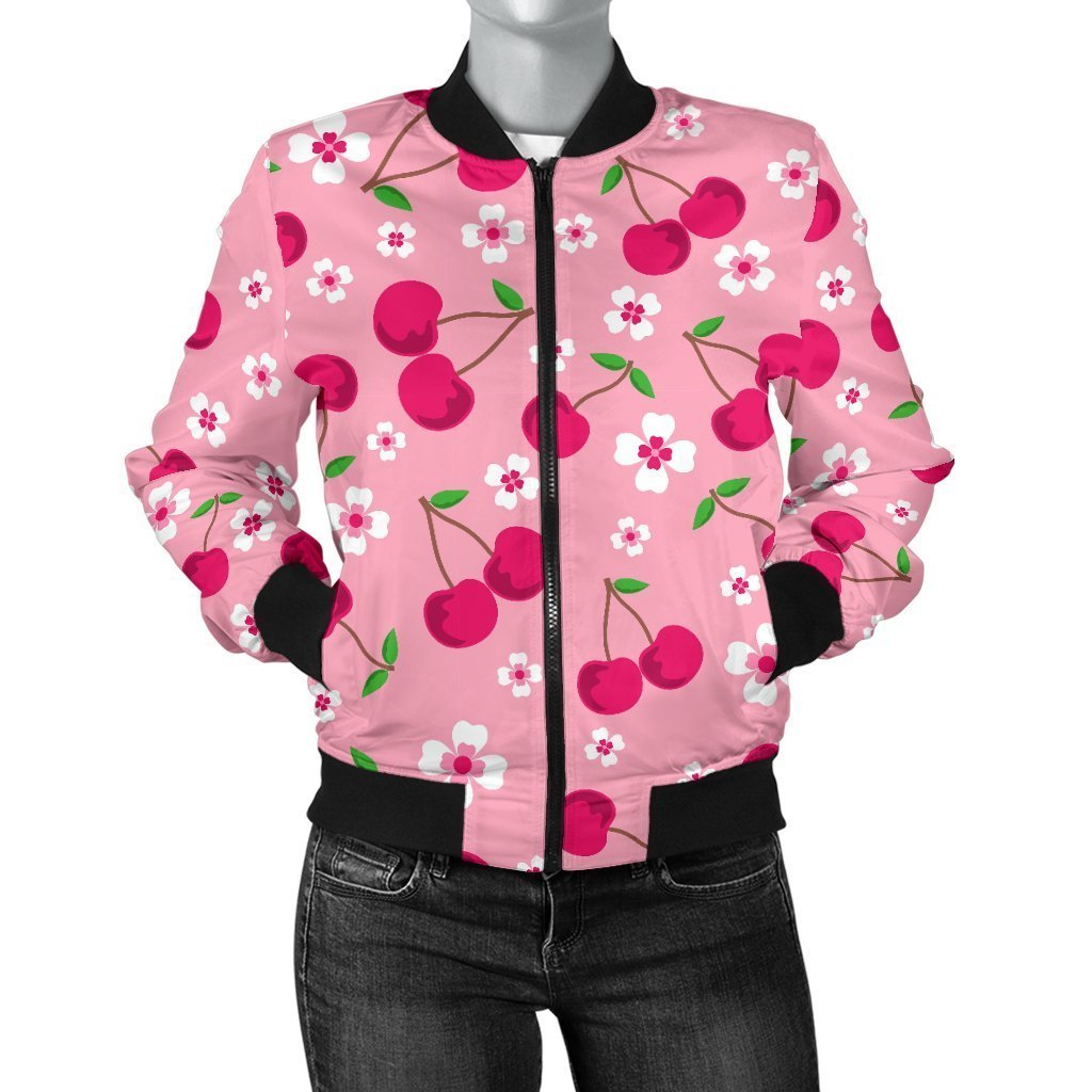 Cherry Floral Pattern Print Women Casual Bomber Jacket-grizzshop