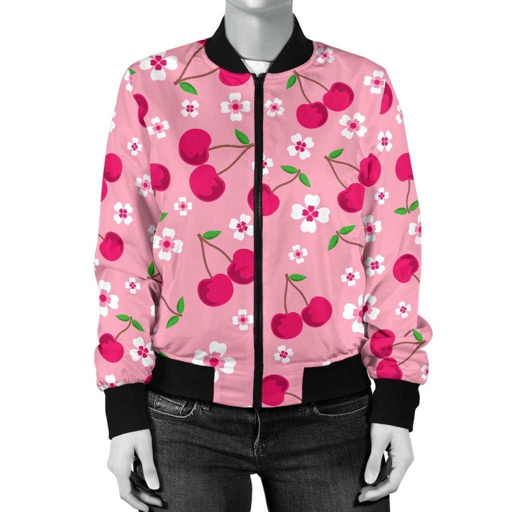 Cherry Floral Pattern Print Women Casual Bomber Jacket-grizzshop