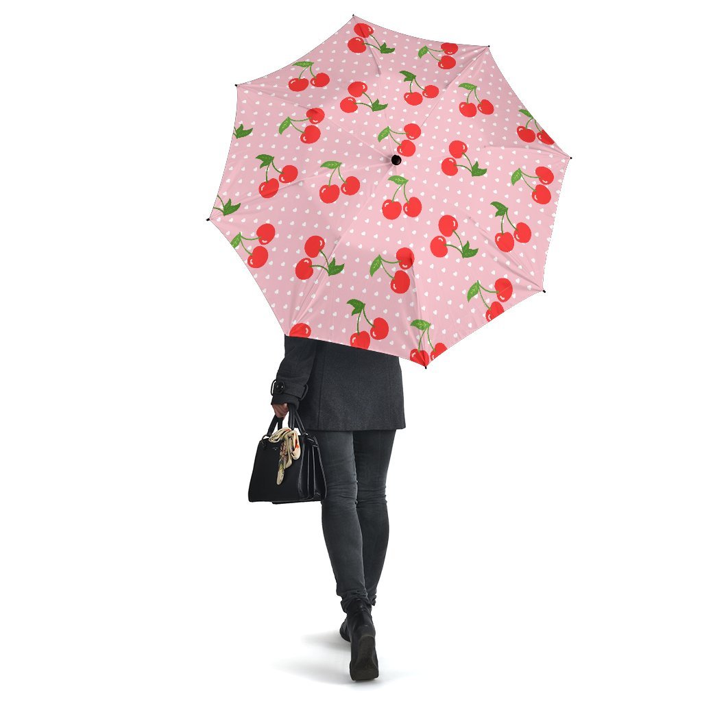 Cherry Heart Dot Pattern Print Automatic Foldable Umbrella-grizzshop