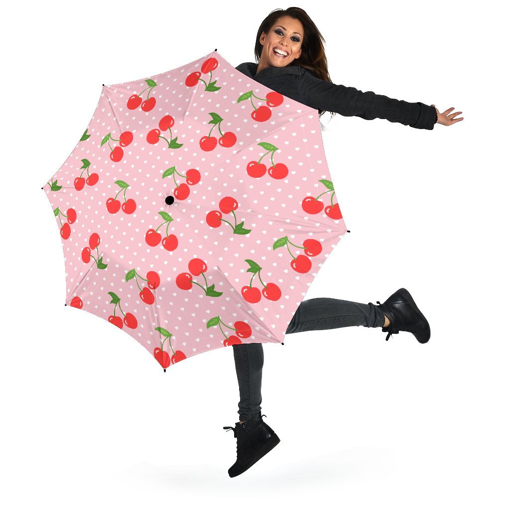 Cherry Heart Dot Pattern Print Automatic Foldable Umbrella-grizzshop