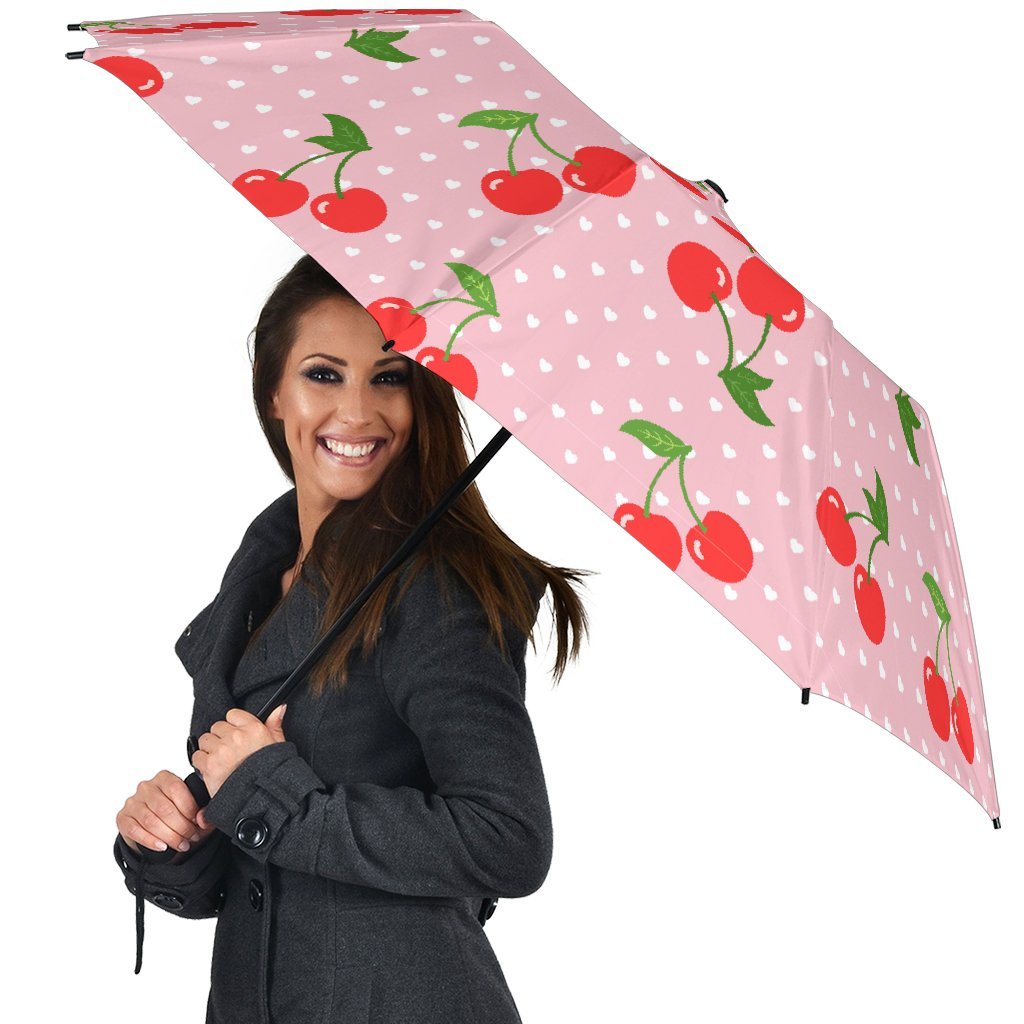 Cherry Heart Dot Pattern Print Automatic Foldable Umbrella-grizzshop