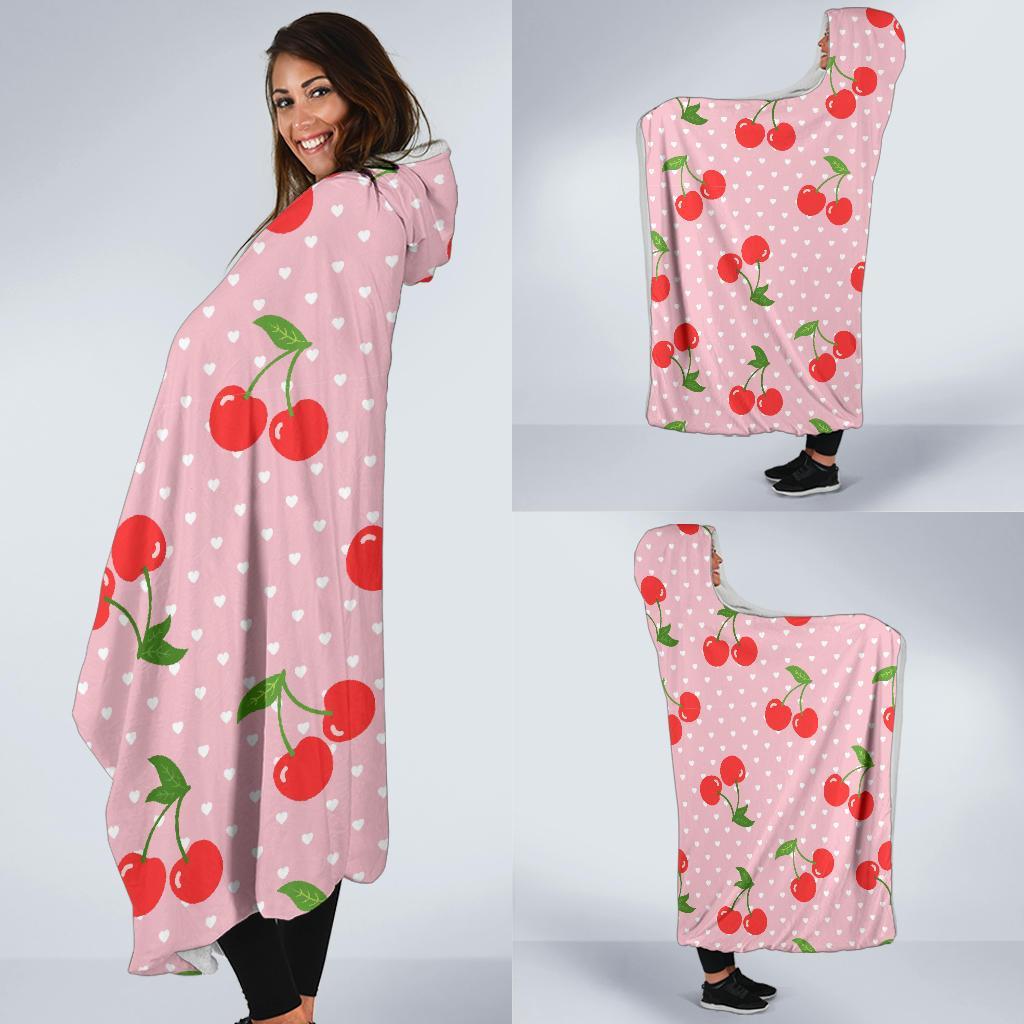 Cherry Heart Dot Pattern Print Hooded Blanket-grizzshop