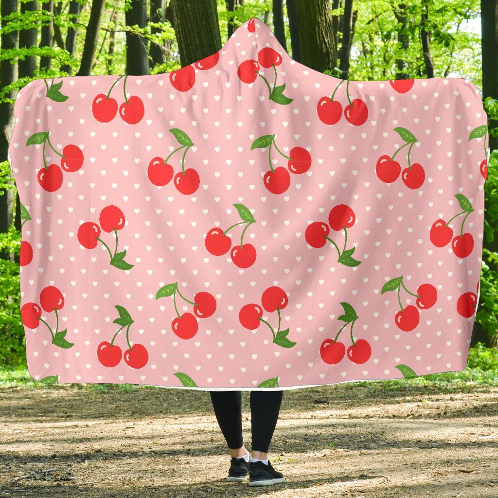 Cherry Heart Dot Pattern Print Hooded Blanket-grizzshop