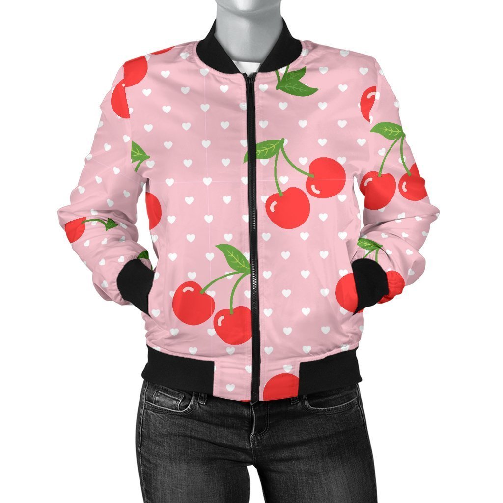 Cherry Heart Dot Pattern Print Women Casual Bomber Jacket-grizzshop