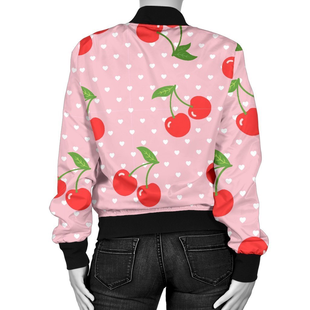 Cherry Heart Dot Pattern Print Women Casual Bomber Jacket-grizzshop