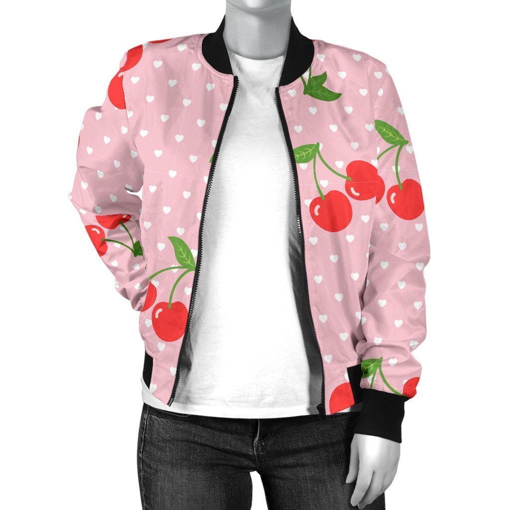 Cherry Heart Dot Pattern Print Women Casual Bomber Jacket-grizzshop