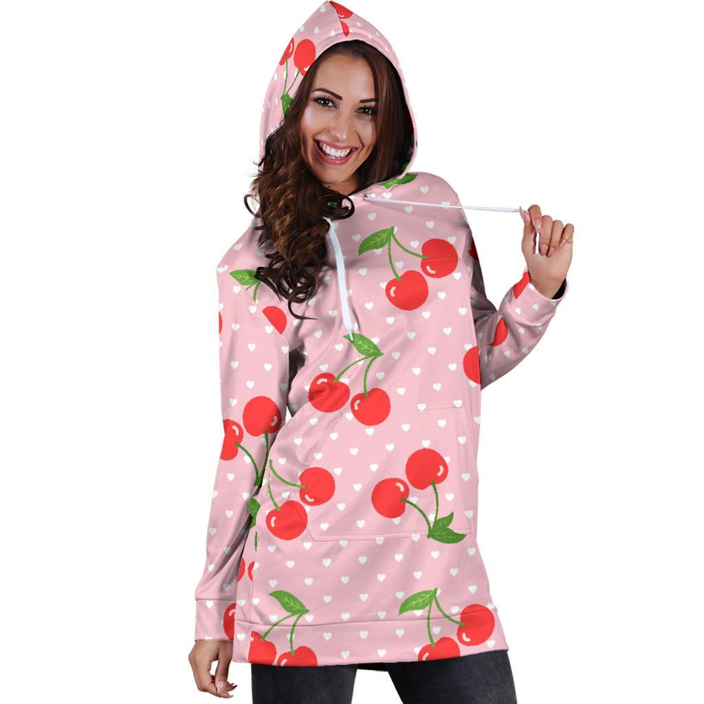 Cherry Heart Dot Pattern Print Women Hoodie Dress-grizzshop