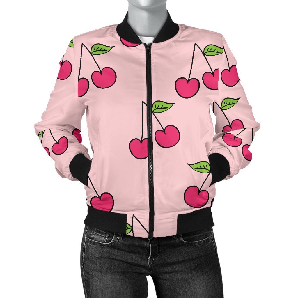 Cherry Pattern Print Women Casual Bomber Jacket-grizzshop