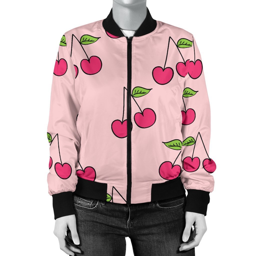 Cherry Pattern Print Women Casual Bomber Jacket-grizzshop