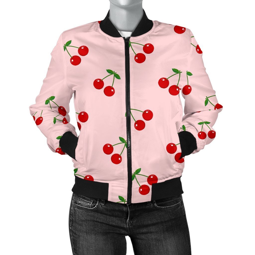 Cherry Pink Pattern Print Women Casual Bomber Jacket-grizzshop