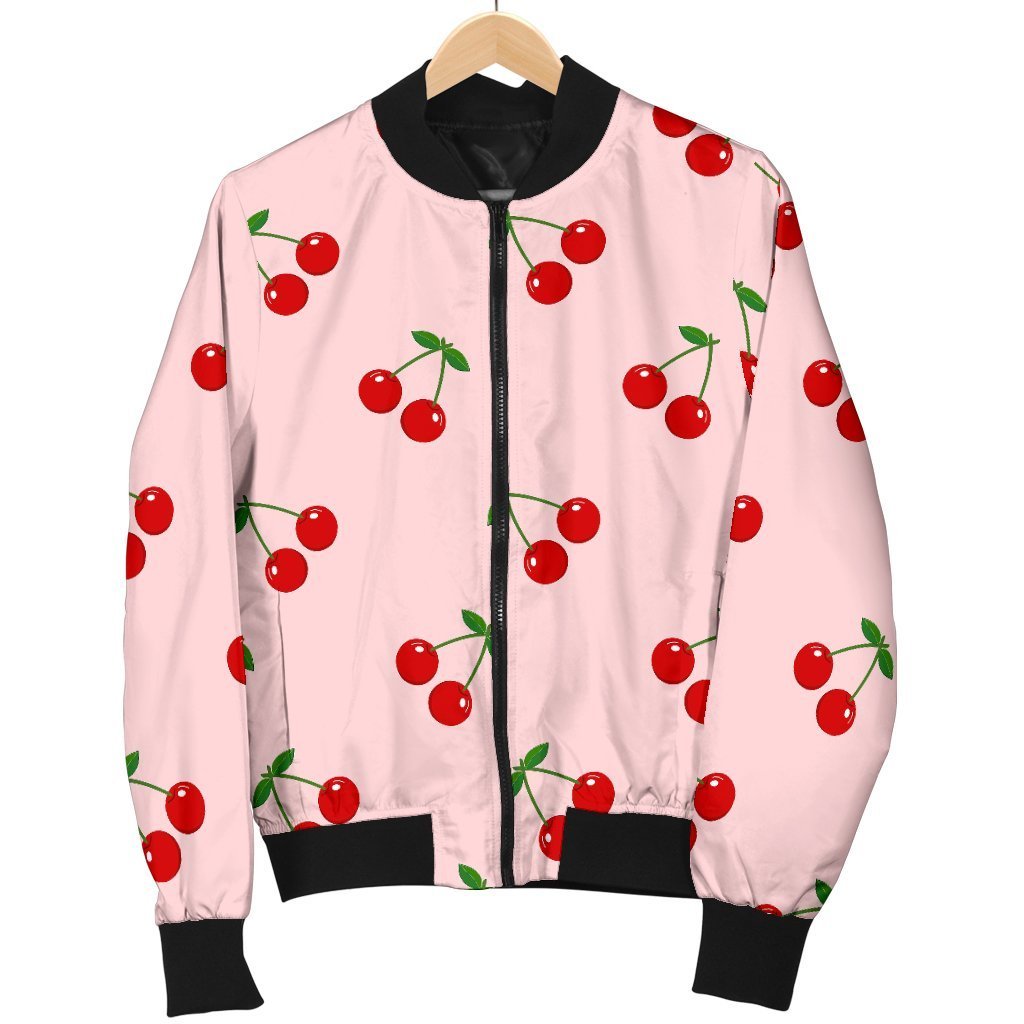 Cherry Pink Pattern Print Women Casual Bomber Jacket-grizzshop