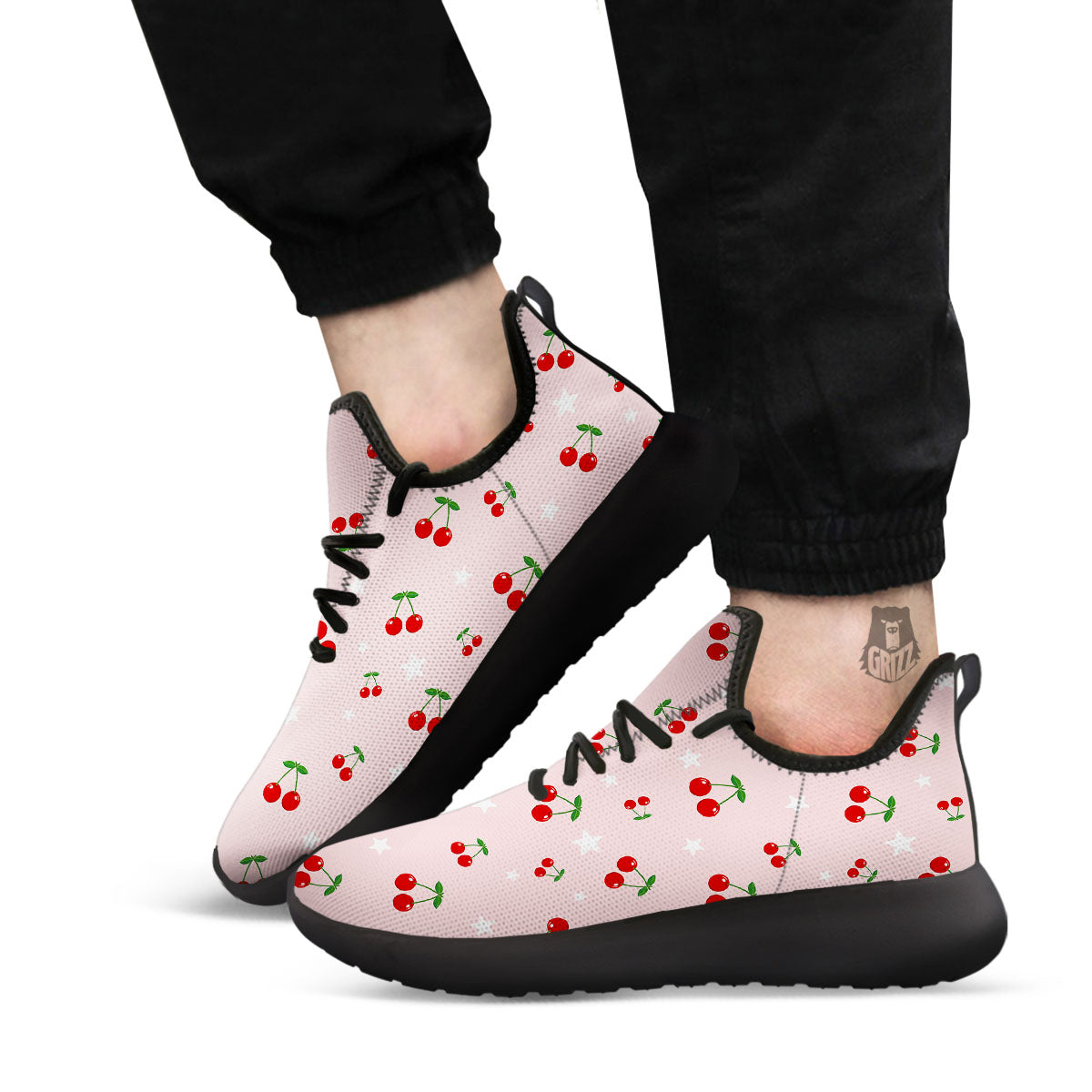 Cherry Pink Print Pattern Black Athletic Shoes-grizzshop