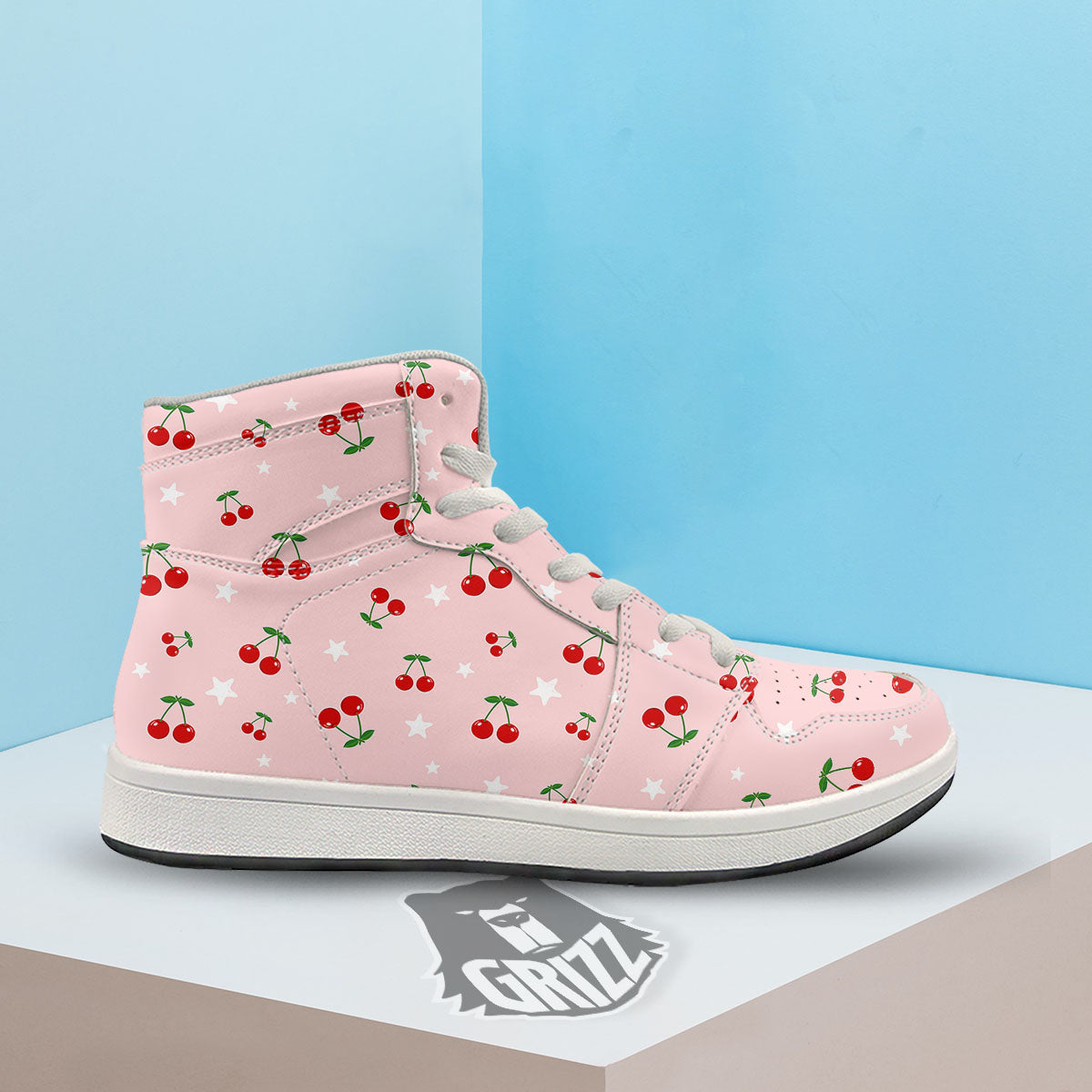Cherry Pink Print Pattern High Top Sneakers-grizzshop